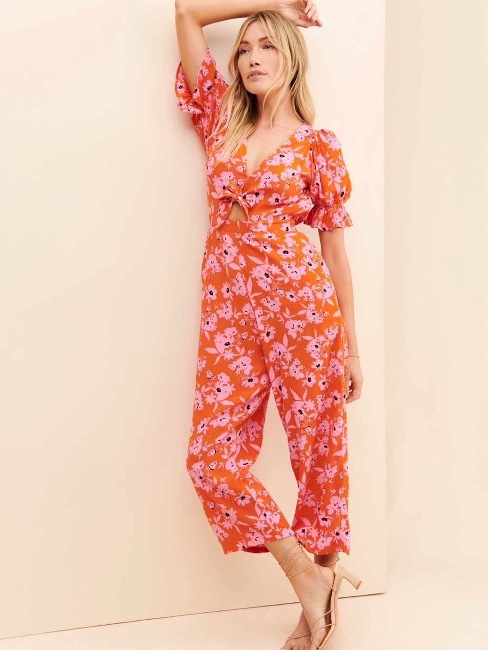Pink Floral Tie-Front Jumpsuit in Coral Pink